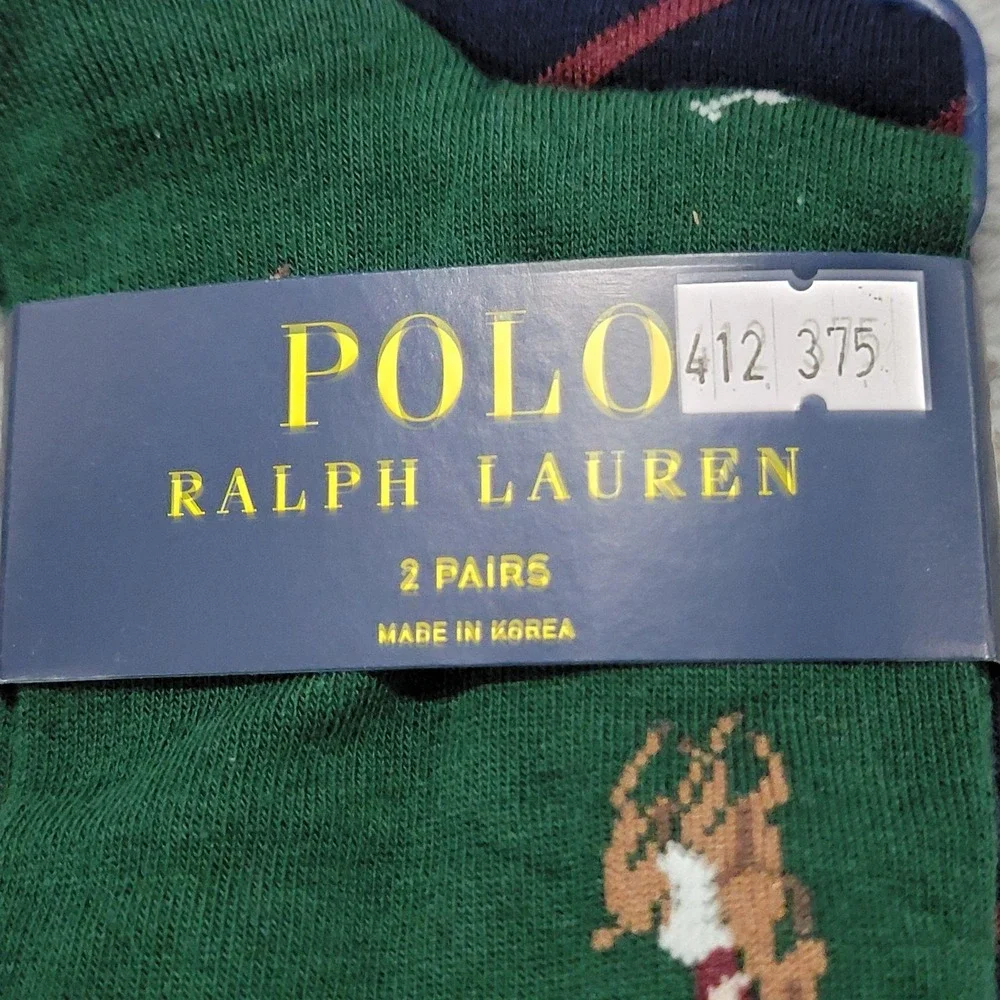 Polo Ralph Lauren Socks Mens 10-13 Green Navy Polo Rider Stripe Crew 2 Pairs